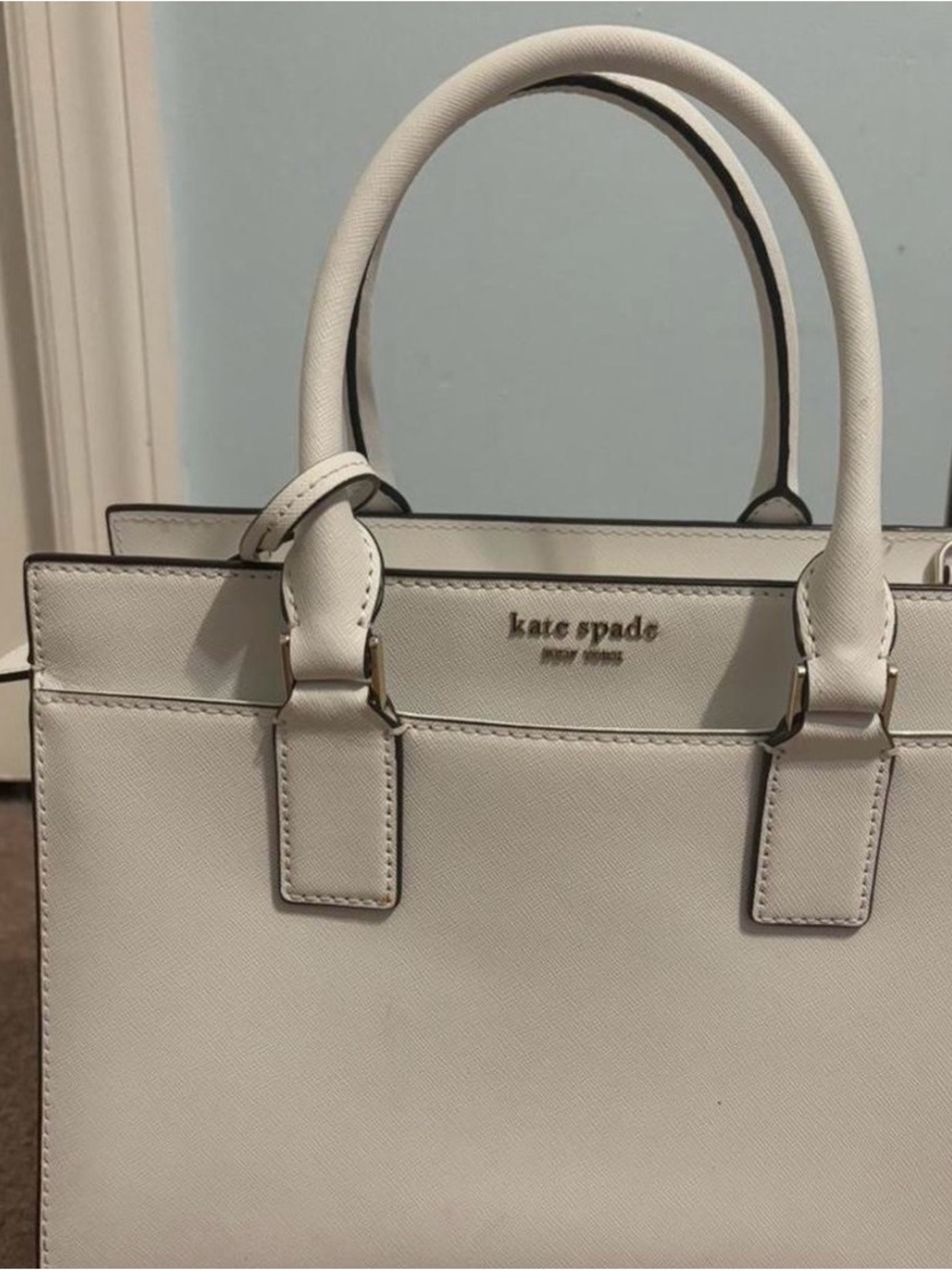 Kate Spade White Cream Leather Stacey Medium Bag Dual Handles Crossbody Strap